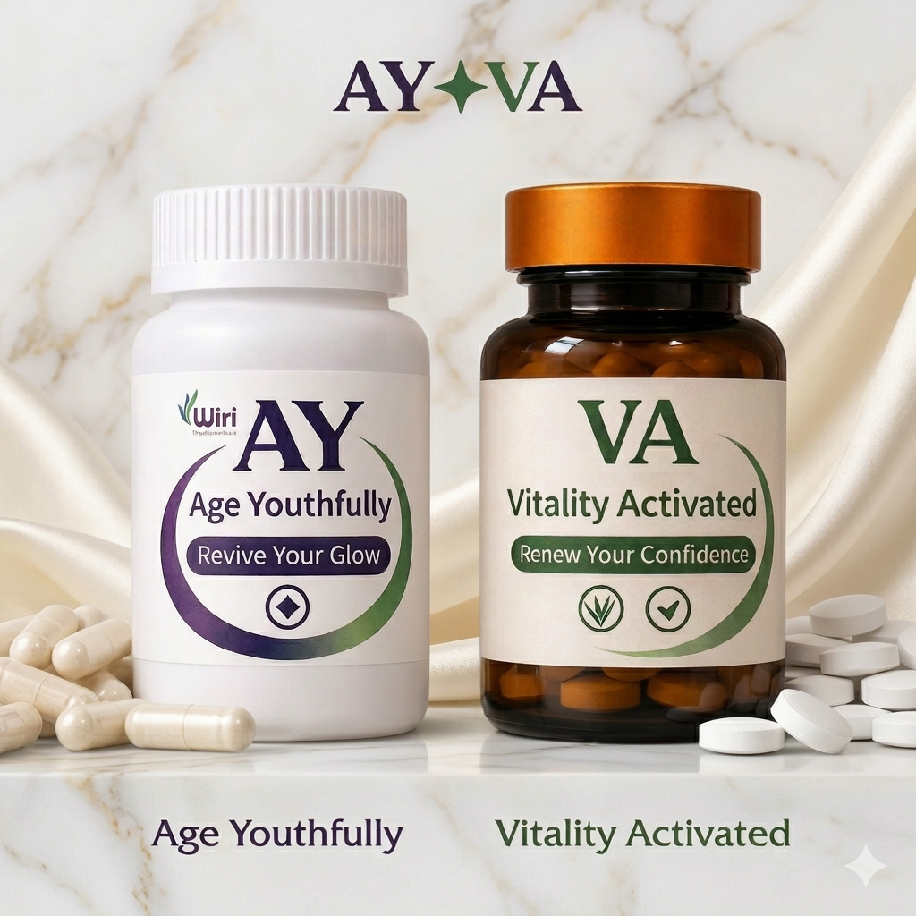 AY✦VA premium studio shot — AY white bottle and VA amber copper-lid bottle